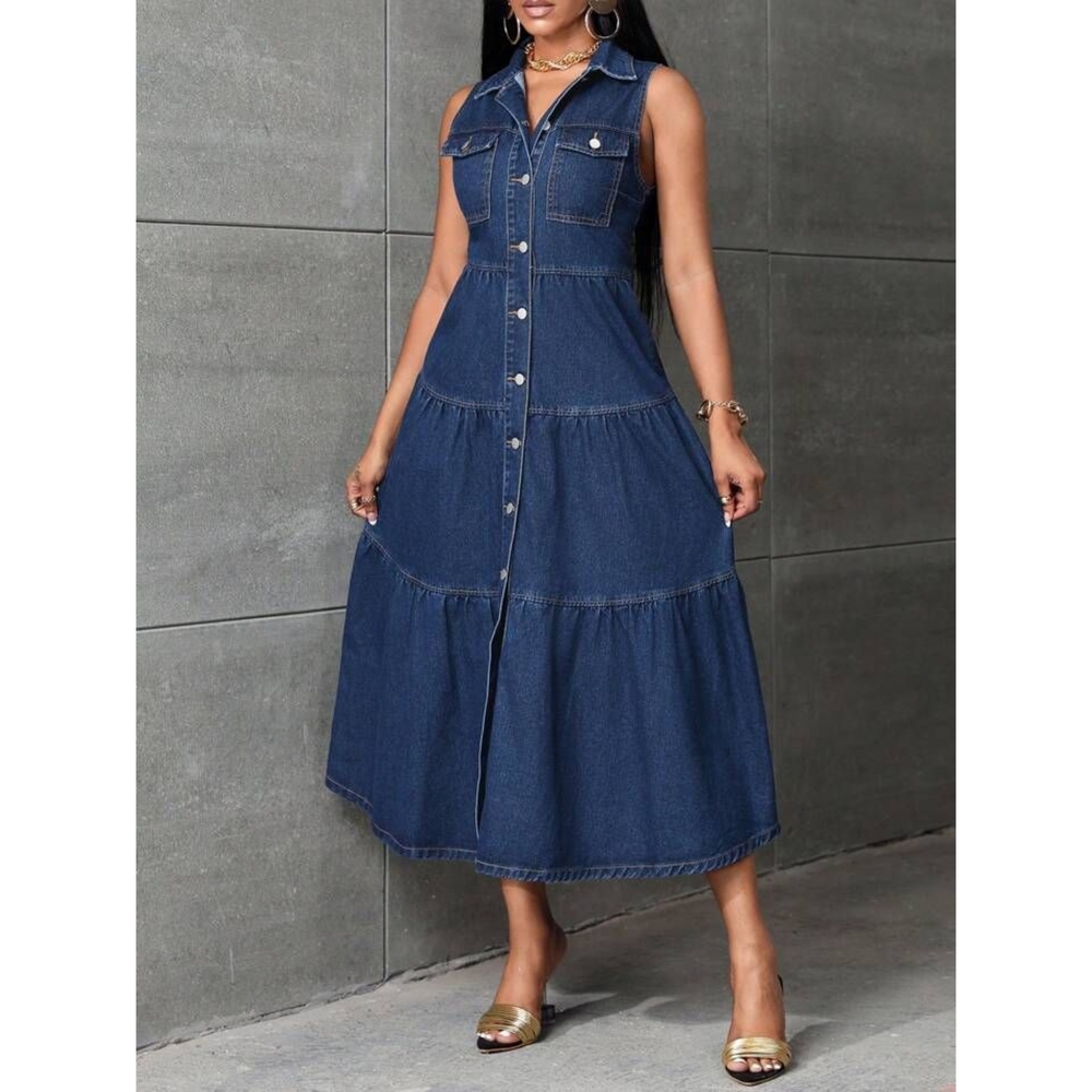 SHEIN Denim Ruffle Hem Dress | US 12 | Button Front | Casual Chic Style